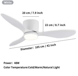 Bovista Plafondventilator - Met Verlichting - Plafond Ventilator - Met Lamp - Plafonniere Met Ventilator - Met Licht - Wit - 105cm — thumbnail 2
