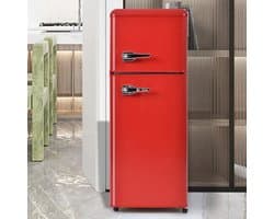 Retro koelkast. Koel-vriescombinatie, 105,5 cm hoog, 41 cm breed, twee deuren, met een totaal volume van 92 liter, vriesvolume van 28 liter. Deurvakken en glazen planken. 116 kWh/jaar, -27 °C ~13 °C, ledverlichting, rood