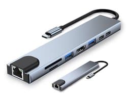Gloovon® - 8-in-1 USB C Hub - USB Splitter - HDMI 4K - RJ45 100Mbps - USB C PD 100W - Geschikt voor Macbook Pro / Air / Windows / Universeel - Blauw Titanium