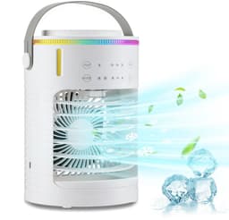 Mini-airconditioner - Mini-luchtkoeler - Draagbare airconditionerventilator - 3 snelheden verdamper - Met 7-kleurige verlichting - Draagbare airconditionerkoeler - Met luchtbevochtiger - Voor slaapkamerbureau (wit - 15*22,3 cm) — thumbnail 1