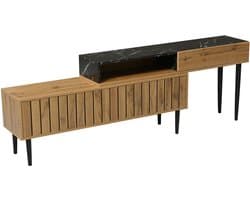 TV-meubel opbergkast geschikt voor 40-49 inch televisies met 1 open vak en 3 verborgen opbergvakken Marmerdesign gecombineerd met houtnerf 129x30x58 cm houtkleur