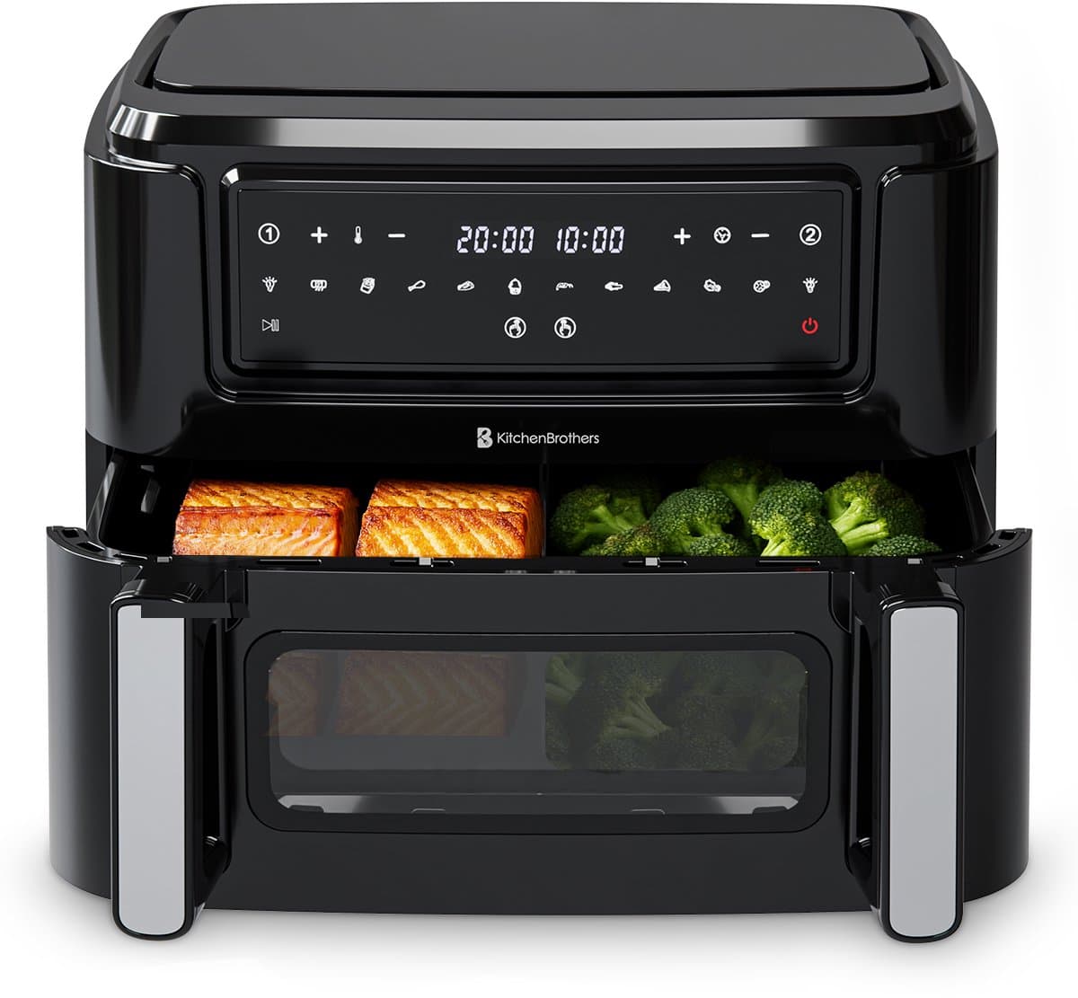 KitchenBrothers Dubbele Airfryer - PFAS-Vrij - 2400W - Dual Zone - 9L - Snackverdeler - Heteluchtfriteuse - Airfryer XXL - 10 Kookprogramma's - Zwart — afbeelding 1
