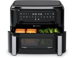 KitchenBrothers Dubbele Airfryer - PFAS-Vrij - 2400W - Dual Zone - 9L - Snackverdeler - Heteluchtfriteuse - Airfryer XXL - 10 Kookprogramma's - Zwart