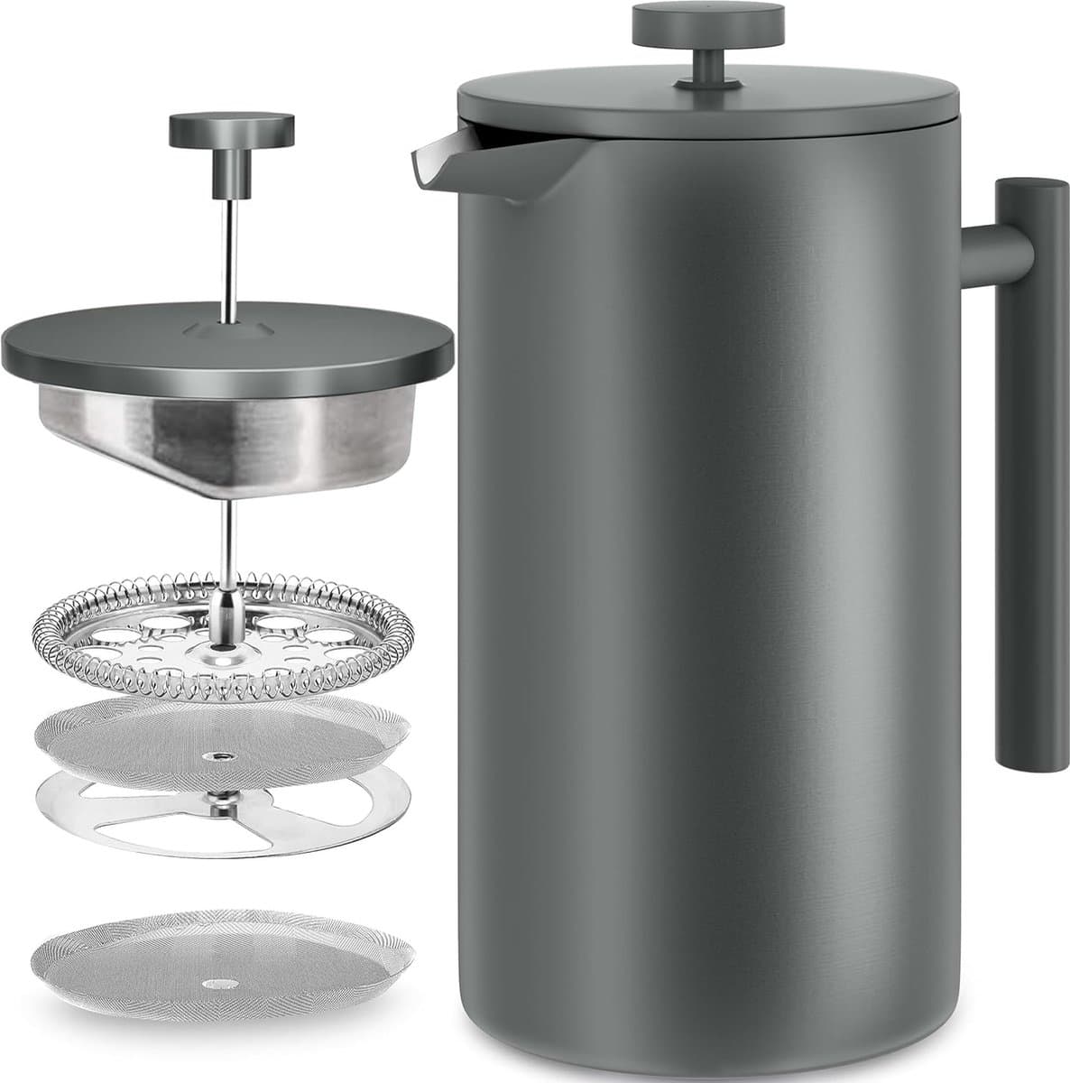 French Press Koffiezetapparaat 34 oz - 1000 ml (4 koffiemokken / 8 koffiekopjes) - Koffiezetapparaat met drievoudig roestvrijstalen filter en geïsoleerde wanden - Grijs — afbeelding 1