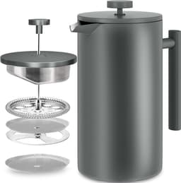 French Press Koffiezetapparaat 34 oz - 1000 ml (4 koffiemokken / 8 koffiekopjes) - Koffiezetapparaat met drievoudig roestvrijstalen filter en geïsoleerde wanden - Grijs — thumbnail 1