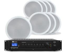 Power Dynamics 100V plafondspeaker set - 8 witte speakers en versterker - met Bluetooth - 120W
