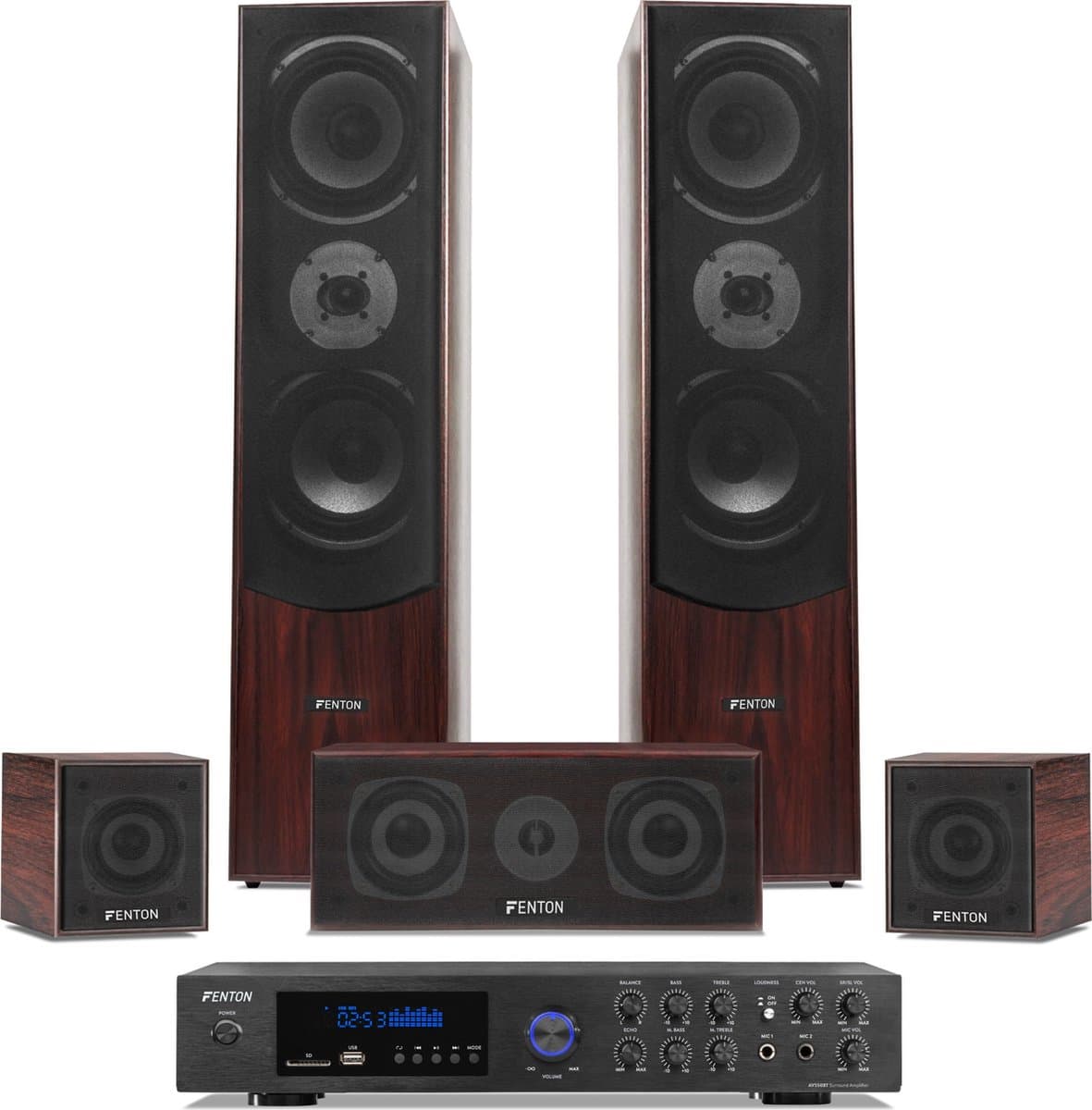 Surround set home cinema - Fenton 5.0 set met versterker en 5 speakers - Bluetooth / mp3 - Walnoot — afbeelding 1