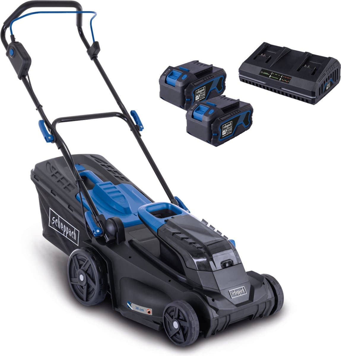 Scheppach Accu Grasmaaier Set BC-MP380-X - 38cm maaibreedte - in 6 stappen instelbaar: 25-75mm - met 45L opvangbak -Inclusief 2 x 20V Accu's en Acculader — afbeelding 1