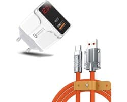 DrPhone OptiCharge C - HALO5 Charger + LSC1 USB to USB C Cable - Type-C Fast Charger & LED-display – Snellader – 1 Meter - Oranje/Wit