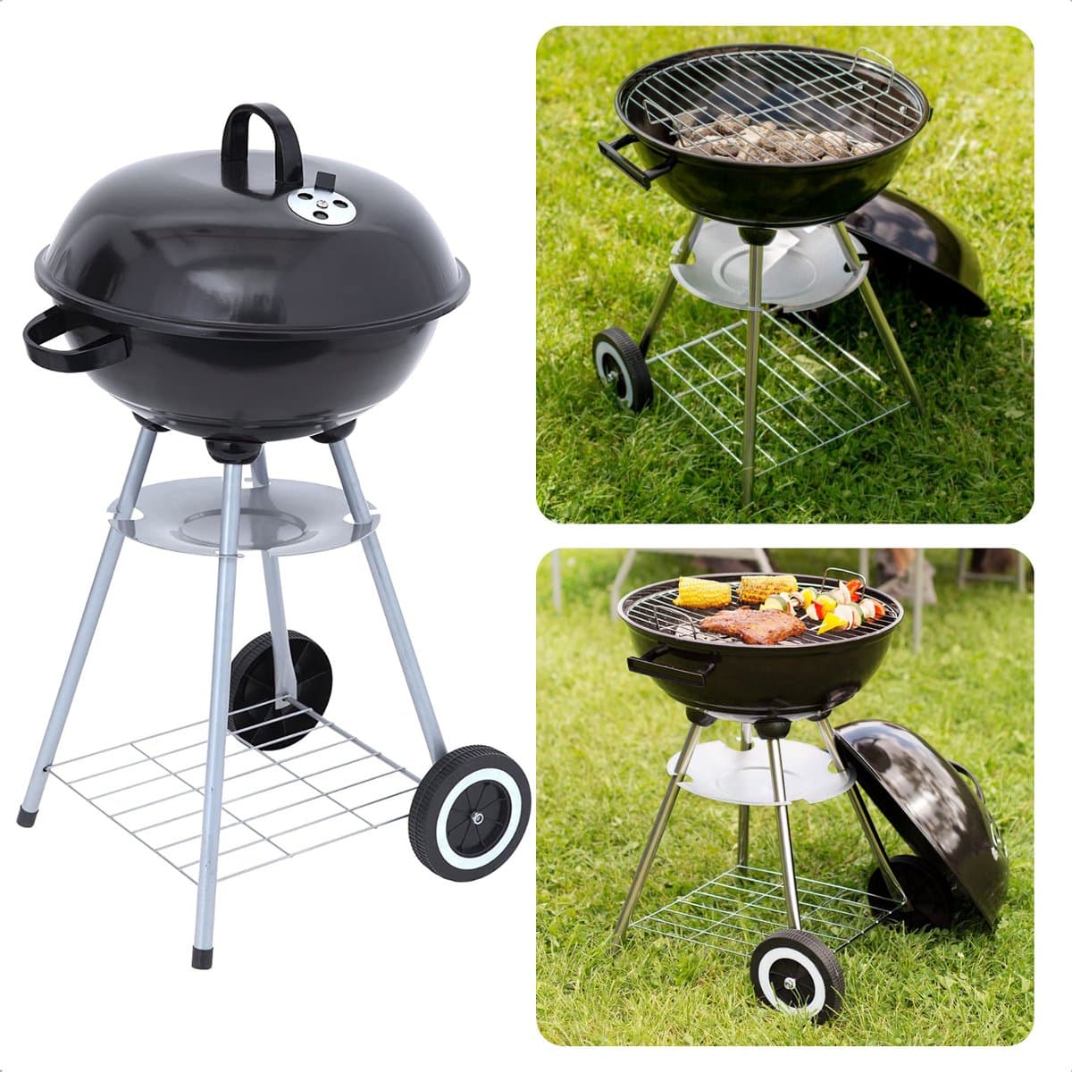 Kogelbarbecue op Wielen - Barbecue - BBQ - Kogelgrill - Houtskoolbarbecue - 46cm Diameter - 78cm Hoogte - 70cm Kookhoogte - Gepoedercoat - Verrijdbaar - Met Voorraadrek - Handgreep - Zwart - Inclusief EBOOK — afbeelding 1