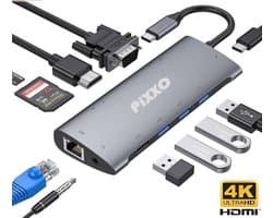 PiXXO® USB-C Hub 11-in-1 - Docking Station Laptop - Multiport Adapter – Thunderbolt 3 – Scherm Uitbreiden en Spiegelen - USB Splitter - 4K HDMI – VGA – Fast Ethernet 1Gbps – 3.5mm AUX - TF/SD – 3x USB 3.0 - Windows/Mac - Aluminium Spacegrey