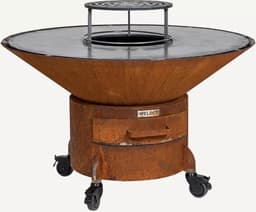 WELDED DRUM 1000 Barbecue Vuurschaal - BBQ Lounge - cortenstaal - houtgestookt-standaard met wielen, aslade, regelbare luchttoevoer onder in vuurschaal waardoor veel minder last van rook, afdekplaat — thumbnail 1