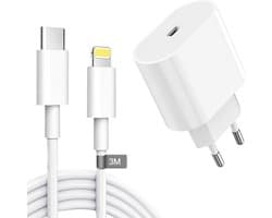 USB C Snellader + USB C Kabel - 3 Meter - Geschikt voor Apple Lightning iPhone en iPad - Type C-Oplader Adapter voor 14/14 Plus/14 Pro/14 Pro Max/13/12/11/SE/Pro
