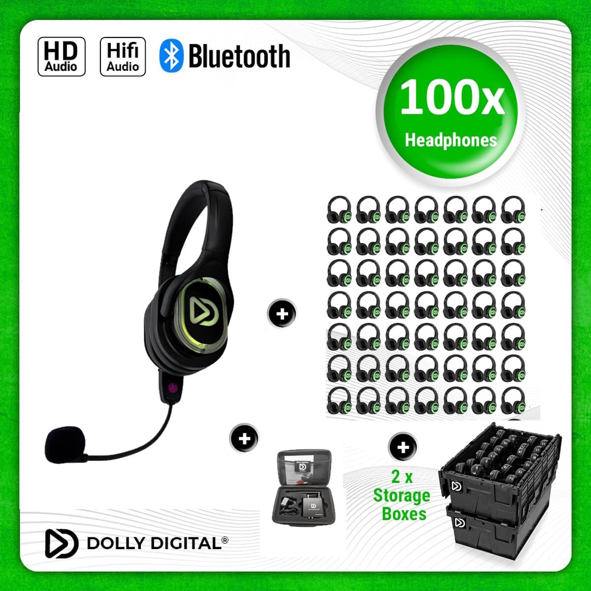 Dolly Digital® RD-Pro 100 Draadloze Koptelefoons voor groepen + Headmounted Microfoon – 100 HiFi Koptelefoons + Microfoon + Bluetooth + HiFi — afbeelding 1