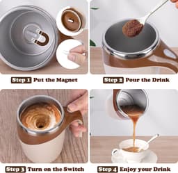 Oplaadbare Koffiebeker met Roerfunctie – Automatische Mengbeker 380 ml – 1‑stand Roeren – Snelle Afkoeling & Antislip – Bruin — thumbnail 2