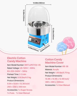 Suikerspinmachine - Elektrische Suikerspinmaker 1000W - Met Deksel - RVS Kom - Inclusief Suikerlepel - Voor Feesten & Evenementen - Blauw — thumbnail 5