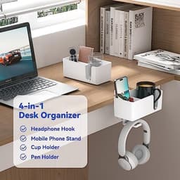 Bureau bekerhouder – Headset houder – 4-in-1 bureau organizer – Roterende koptelefoon standaard – Bekerhouder voor bureau – Penhouder en telefoonhouder – Klembevestiging zonder boren – Ruimtebesparende bureau opberger voor kantoor en gaming setup — thumbnail 4