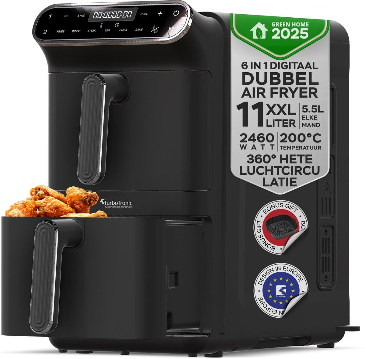 Turbotronic AF-500D - Dubbele Airfryer - 11L - Airfryer XXL - Heteluchtfriteuse - Dual Heating - 50ºC tot 200ºC - 6 Kookprogramma's - Zwart — afbeelding 1