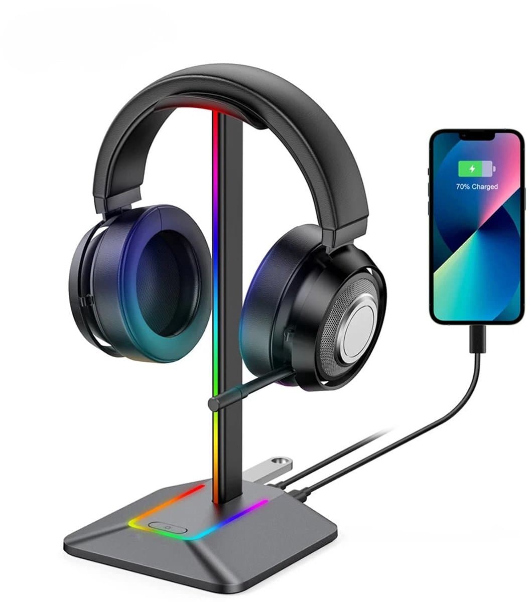 ™ RGB Gaming Headset Houder – Koptelefoon Standaard met USB-C Poort – Laadt 2 Apparaten Tegelijk – Headset Stand met Verlichting – Universeel voor Gaming & Werkplek — afbeelding 1