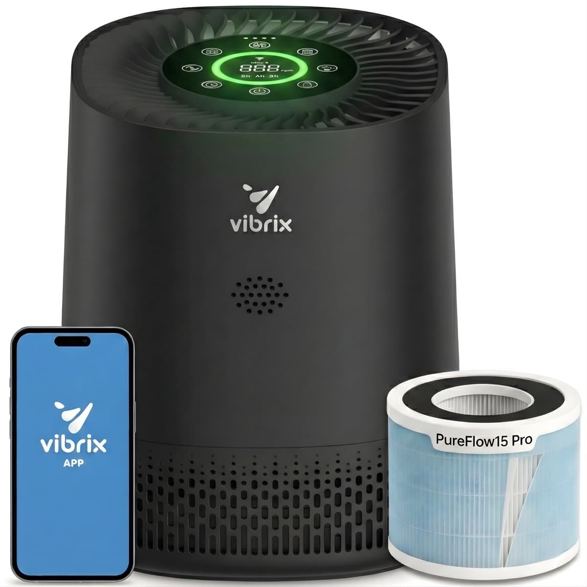 Vibrix PureFlow15 Pro Luchtreiniger / Air Purifier – EPA H14 + koolstoffilter – 100 m³/u – Voor kamers tot 15 m² – Ionisator – App-bediening – Zeer stil met slaapstand – Luchtkwaliteitindicator — afbeelding 1