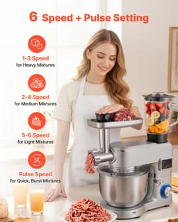 Standmixer met Een Capaciteit van 5,7 L, 1500 W Elektrische Keukenmixer, 6+P Snelheden, Kantelbaar Ontwerp, Inclusief 1,5 L Blenderbeker, Roestvrijstalen Kom, Deeghaak, Garde en Klopper voor Bakken en Mixen, Zilver — thumbnail 4