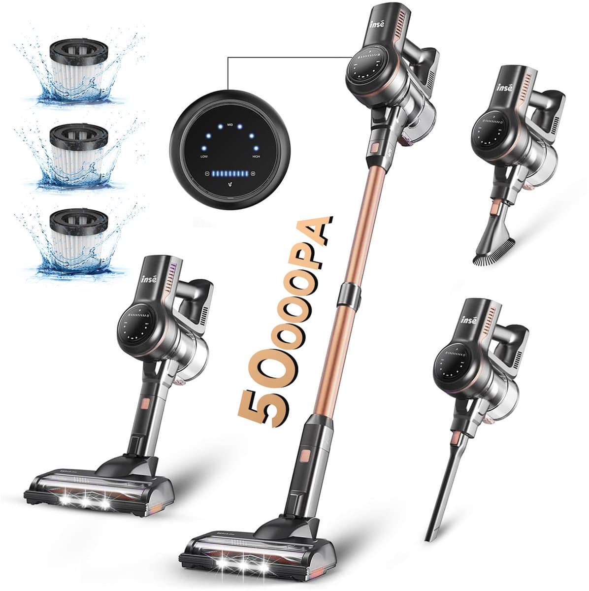INSE Steelstofzuiger Draadloos - Stofzuiger Draadloos - 6-in-1 - S7P - Goudkleurig - Lichtgewicht Steelstofzuiger - 40 kPa, 60 min. gebruiksduur - 65 dB - 1.2 L tank — afbeelding 1