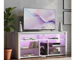 Luxe LED TV-standaard voor 65 inch Televisie – Moderne Hoge TV-kast met PS5-opbergruimte, Verstelbare Planken en RGB-verlichting – Witte 3D Koolstofvezel TV-meubel voor Woonkamer Depauwwonen