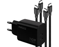 Phreeze usb C oplader 40 W - Dual usb C poorten - Power Delivery GaN charger met 2 usb C naar usb C kabels 1 m - Laptop oplader usb C - Snellader voor telefoon, tablet, laptop, powerbank, speaker en camera - Oplaadset met twee kabels