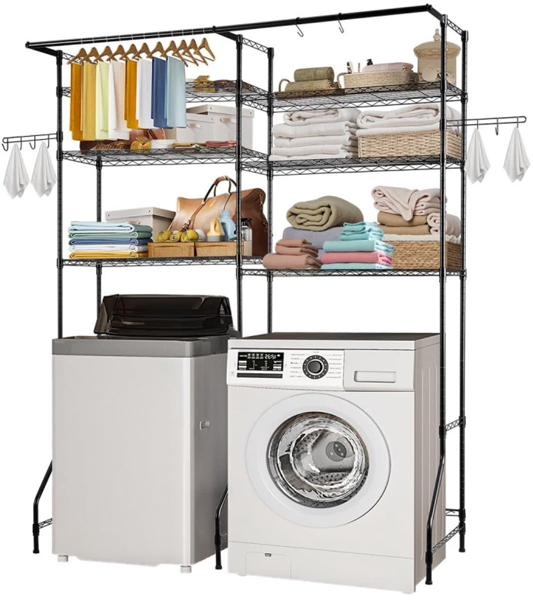 Wasmachine en Droger Opbergrek - Over-wasmachine Rek - 6-Laags - Verstelbare Planken - Kledingstang en Haken - Ruimtebesparend - Zwart — afbeelding 1