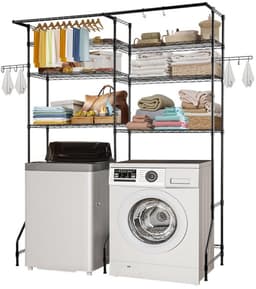 Wasmachine en Droger Opbergrek - Over-wasmachine Rek - 6-Laags - Verstelbare Planken - Kledingstang en Haken - Ruimtebesparend - Zwart — thumbnail 1