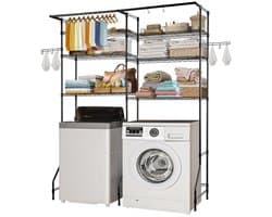 Wasmachine en Droger Opbergrek - Over-wasmachine Rek - 6-Laags - Verstelbare Planken - Kledingstang en Haken - Ruimtebesparend - Zwart