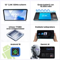 Aorlym P12 - Tablet - 48 GB RAM (8+40 GB) - 128 GB ROM (2TB/TF) - 12 inch 2K 120 Hz IPS - Android 16 - 10000 mAh /18 W - T7280 OctaCore - Dubbele camera - WiFi 5 - Bluetooth - Face ID - Toetsenbord - Stylus meegeleverd - Blauw — thumbnail 5