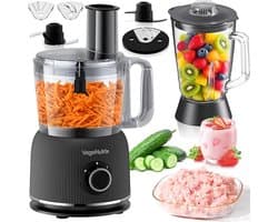 Keukenmachine & Blender Combinatie 1500 W – 2,5 L Keukenmachine + 2 L Glazen Blender – 2 Snelheden & Puls – Voor Deeg, Smoothies & Meer
