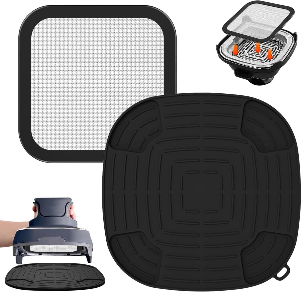Airfryer accessoires Gescht voor Ninja CRISPi 1x roestvrij staal fijnmazige spatbescherming + 1x siliconen hittebestendige onderlegger voor Ninja heteluchtfriteuse FN101EUGY, FN101EUST en — afbeelding 1