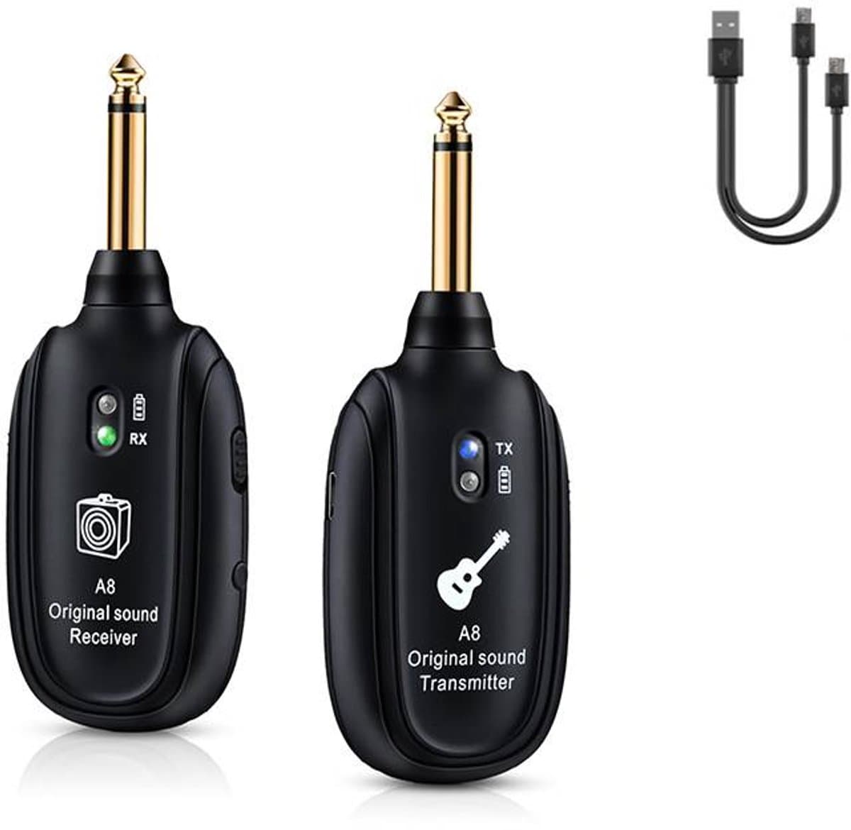 A8 Draadloze Gitaarzender-Ontvanger Systeem - 2.4GHz oplaadbaar, 24-bit/48KHz audio - lage latentie <4ms voor elektrische gitaar & bas - heldere draadloze audio voor MUZIEK en BASGITAREN — afbeelding 1