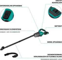 VONROC Krachtige accu steelstofzuiger – VPower 20V – Incl. 2x 2.0Ah Accu en snellader – 0.6L opvangbak - Incl. 3 mondstukken, 2 verlengbuizen en flexibele slang — thumbnail 3