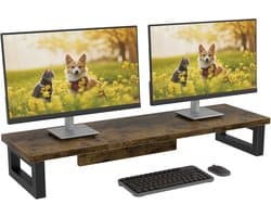 Dubbele monitorstandaard, 91x26cm bureauplank, dubbele monitorverhoger voor laptop, computerscherm, monitorstandaard, desktoporganizer voor werken, Bruin