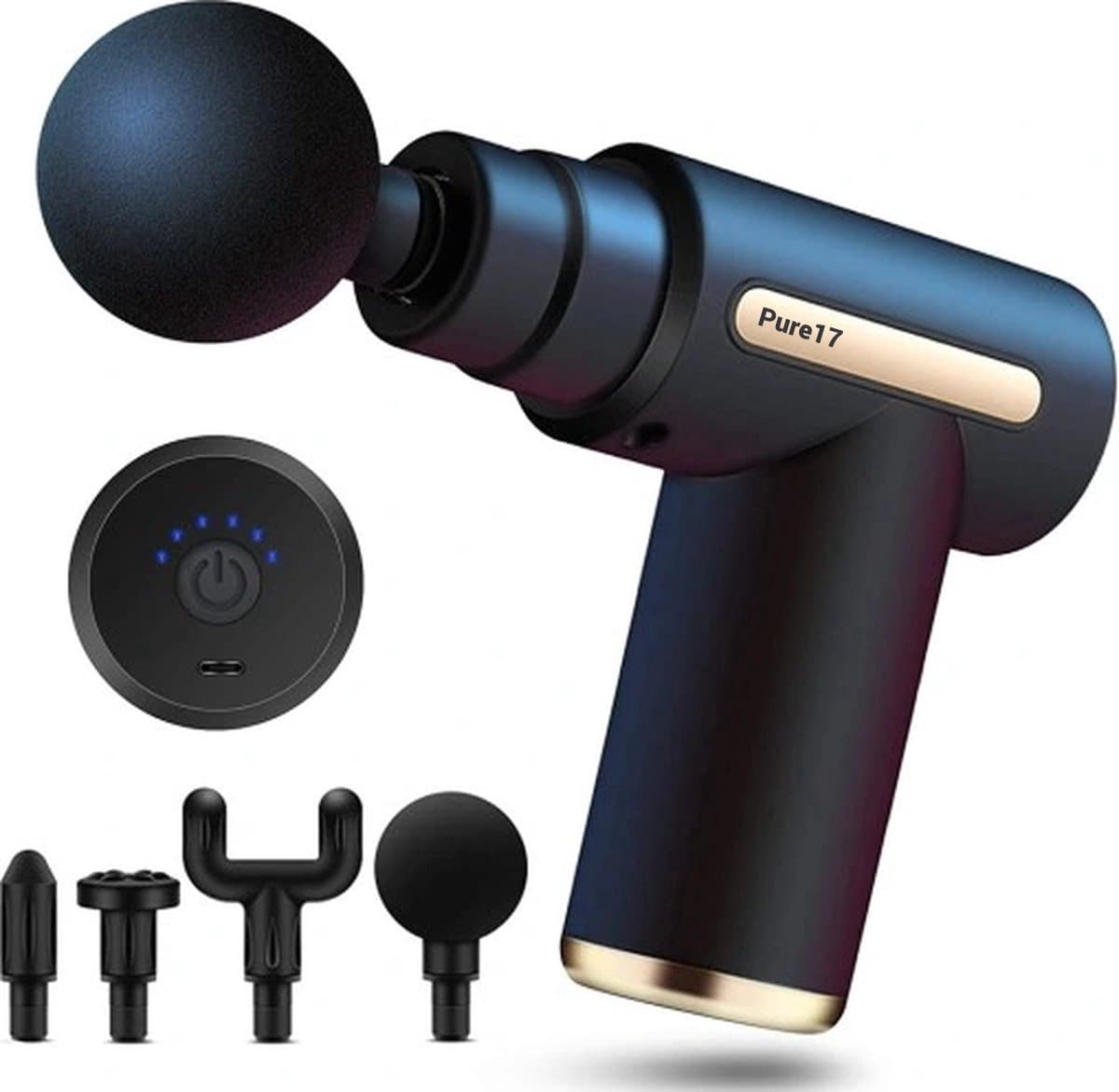 Pure17 Massage Gun – Draadloos Massagepistool voor Sport & Ontspanning – Krachtige Spiermassage – Inclusief Opzetstukken – Oplaadbaar – Zwart – Voor Thuis & Onderweg — afbeelding 1