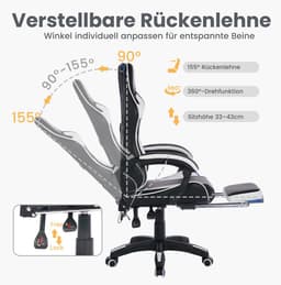 Gamingstoel - Ergonomisch Met Voetsteun - Draaibaar En In Hoogte Verstelbaar - Kunstleer - Zwart/Wit — thumbnail 2