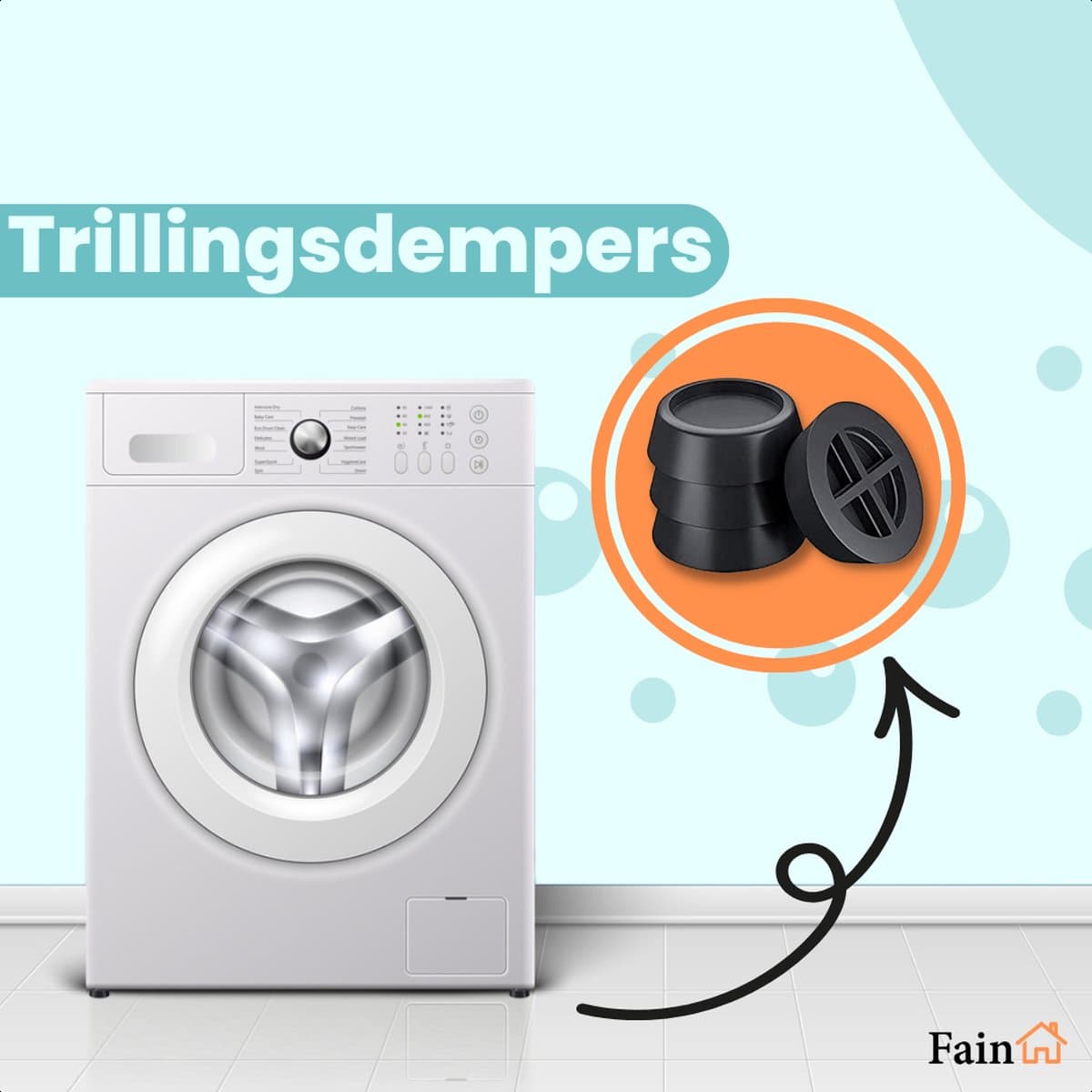 Fain - Trillingsdempers wasmachine – Set van 4 stuks – Zwart - Voetjes wasmachine & droger - Wasmachine demper – Anti trillings / vibratie dempers pads – Antislip rubber – Trillingsmat – Antislipmat - Extra dik — afbeelding 1