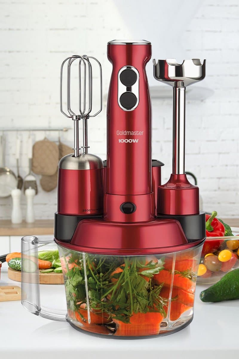 Goldmaster ELENAMAX GM-7239 - 5-in-1 Hakmolen - Blender - Staafmixer - Snijmachine -  2-traps - 1000W - Rood — afbeelding 1