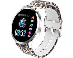 Belesy® BQSiZi1 Panterprint - Limited edition - Smartwatch Dames - Horloge - 1.3 inch - Kleurenscherm - 10x Sporten - INDOOR en OUTDOOR - Zilver - Siliconen
