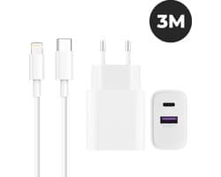 USB C Adapter Snellader + 3 Meter Kabel - Geschikt voor iPhone - 14 / 13 / 12 - iPad – USB C Oplader - Lightning Snellader iPhone 14 /13 / 12 / 11 / X / iPad – incl. USB C naar Lightning Kabel