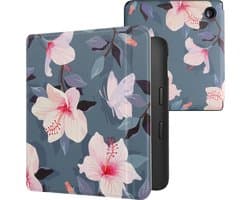 kwmobile e-reader hoesje geschikt voor Kobo Libra 2 hoes - E reader flip case met magnetische sluiting - Ereader cover - Fuchsia bloemen design in wit / poederroze / paars