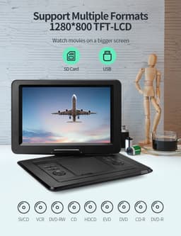 YOTON YD155 Draagbare DVD-Speler Auto - 15,5" Draaibaar HD-Scherm - Accu - 4-6 Uur Speeltijd - Voor SD-kaart/USB/Sync TV - Zwart — thumbnail 2