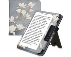 kwmobile e-reader hoesje geschikt voor Kobo Libra 2 hoes - E reader flip case van kunstleer - Ereader cover met stand - Magnolia design in taupe / wit / blauwgrijs