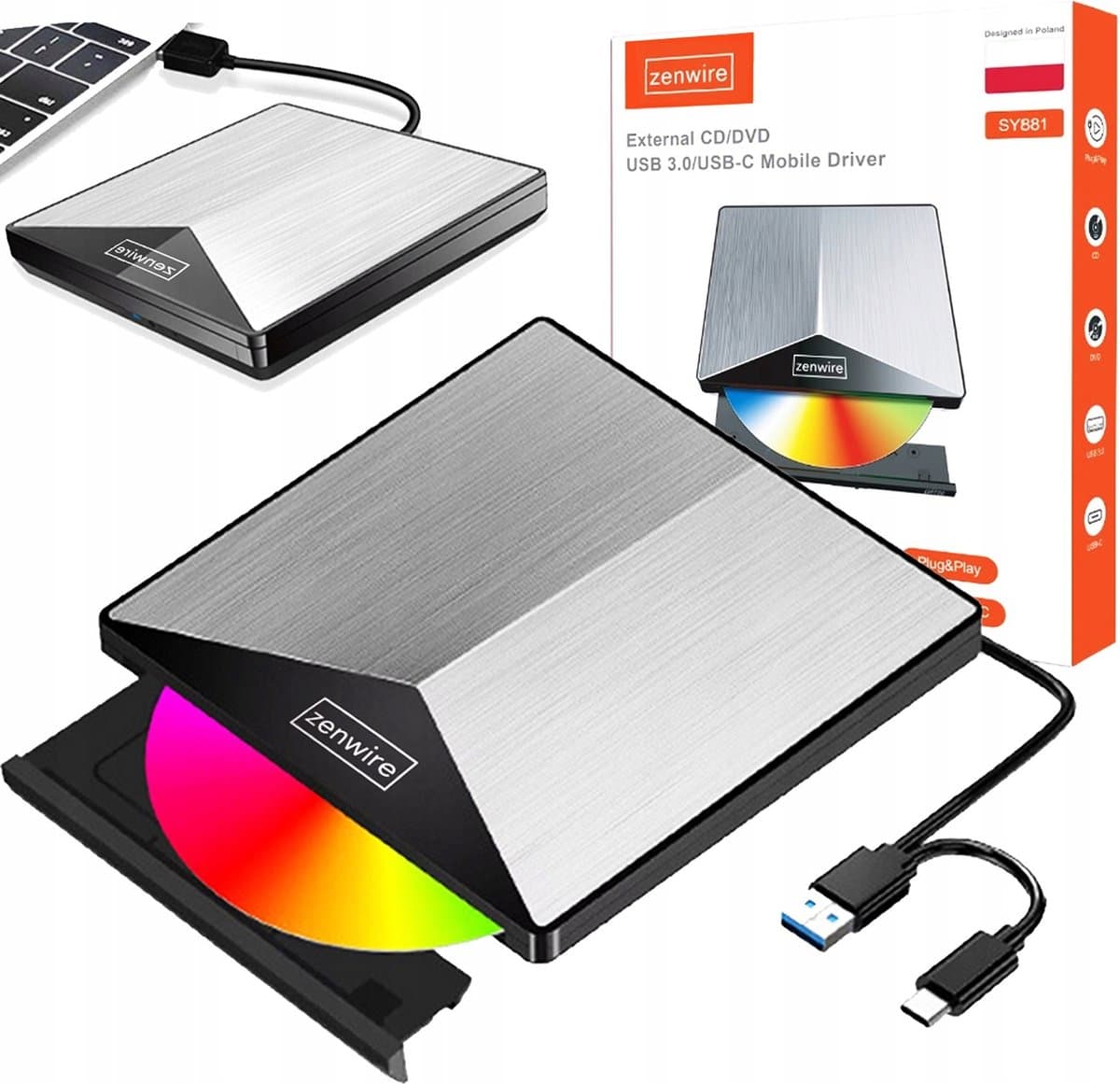Zenwire Externe DVD Speler en Brander - Optical Drive - Optische Drive - Voor Laptop - USB 3.0 of USB C 3.1 - Plug & Play - Windows, MacOS & Linux - Hoes + Kabel - Externe CD speler- Aluminimum behuizing — afbeelding 1
