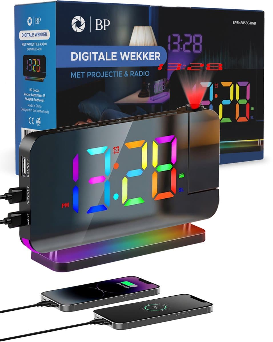 BP® Digitale Wekker Met Projectie - Wekkerradio - Projectiewekker - Digitale Wekker - Kinderwekker - Projectieklok - Snooze Functie - USB oplaadpoort - Automatische Helderheidscontrole - Zwart — afbeelding 1