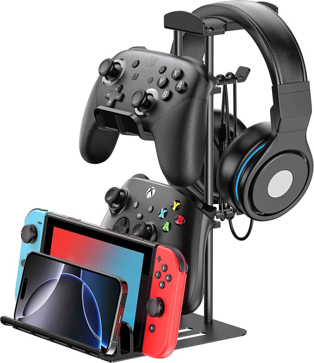 StayPowered Headset Stand & Controller Houder - Compact en Stijlvol voor Georganiseerde Gaming Setup - Stevige Aluminium Staaf - Metalen Basis voor Stabiliteit - Antislip Siliconen Voet - Zwart - Levering Sneller dan Aangegeven! — afbeelding 1