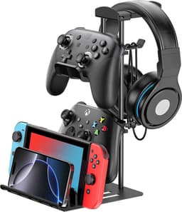 StayPowered Headset Stand & Controller Houder - Compact en Stijlvol voor Georganiseerde Gaming Setup - Stevige Aluminium Staaf - Metalen Basis voor Stabiliteit - Antislip Siliconen Voet - Zwart - Levering Sneller dan Aangegeven! — thumbnail 1